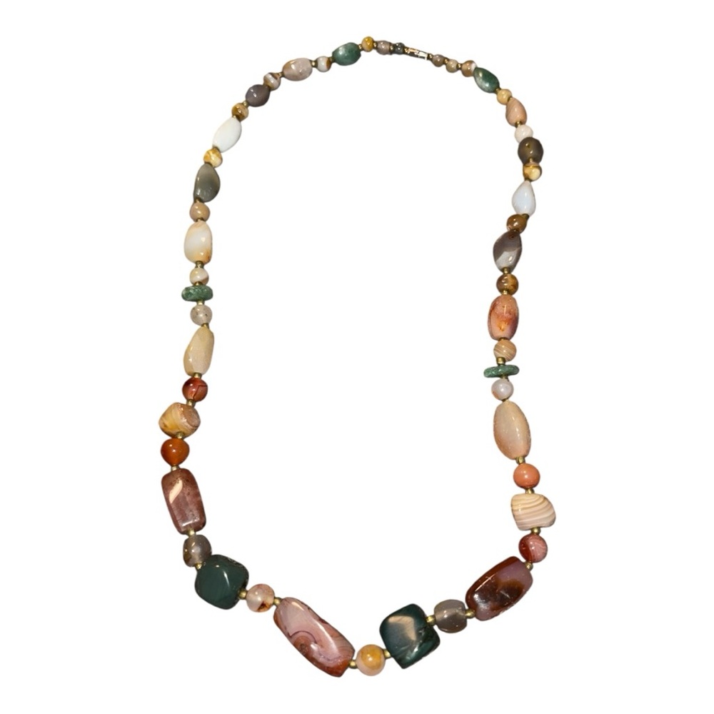 Vintage Polished Agate & Stone Bead Necklace – Multi-Color – 28”. JB9
